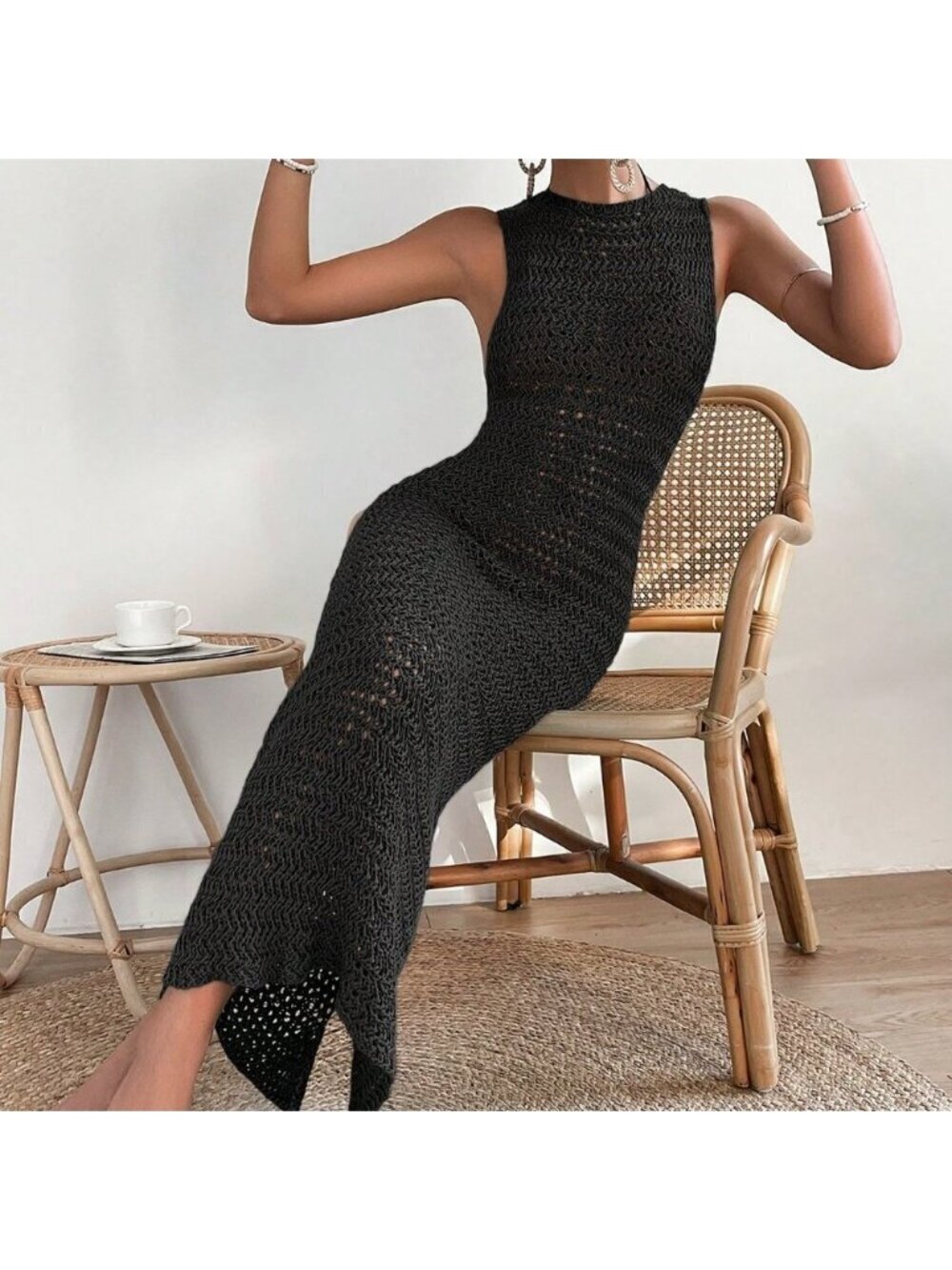 Black Casual Womens Hollow Out Split Thigh Cover Up Dress Without Biki…